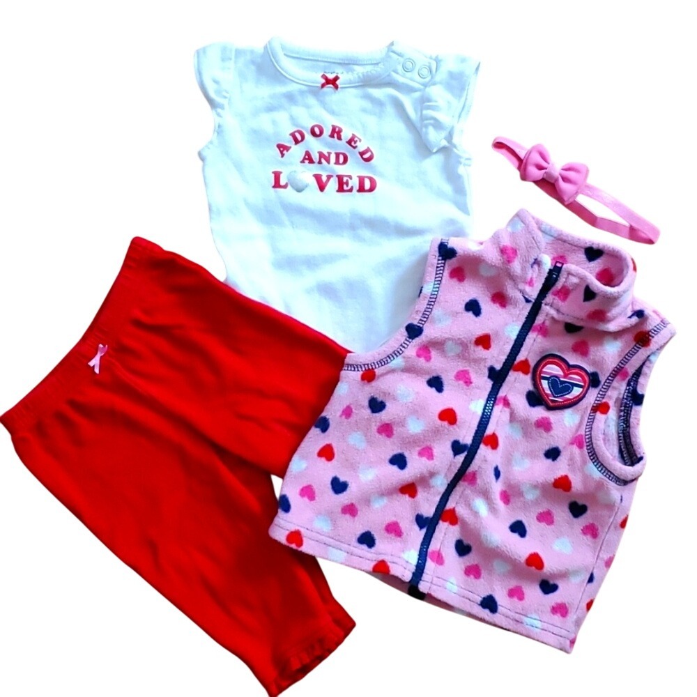 Carter's Girls 4 Piece Mix and Match Heart Outfit -Vest, onesie, Pants, Headband